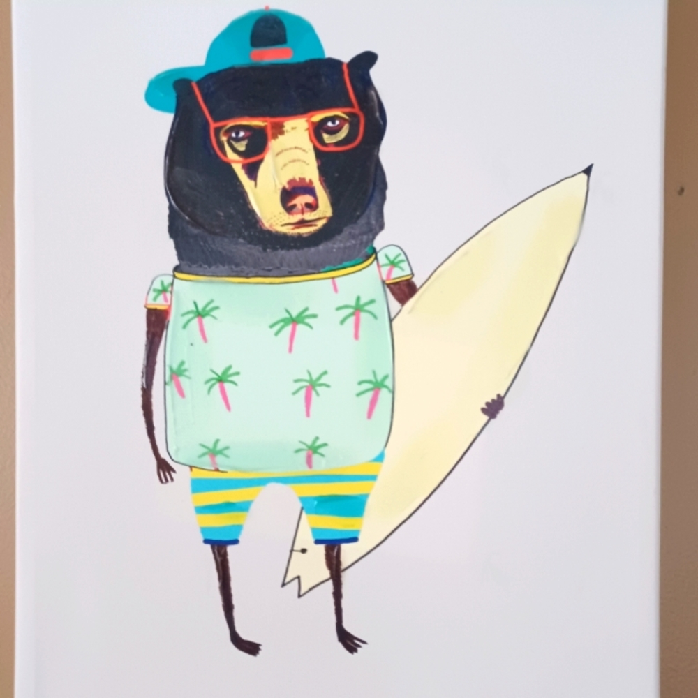 Ashley Percival's Whimsical Brown Bear With Surfboard Nursery Art Print